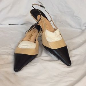 Chanel Black and Tan mules with backstrap